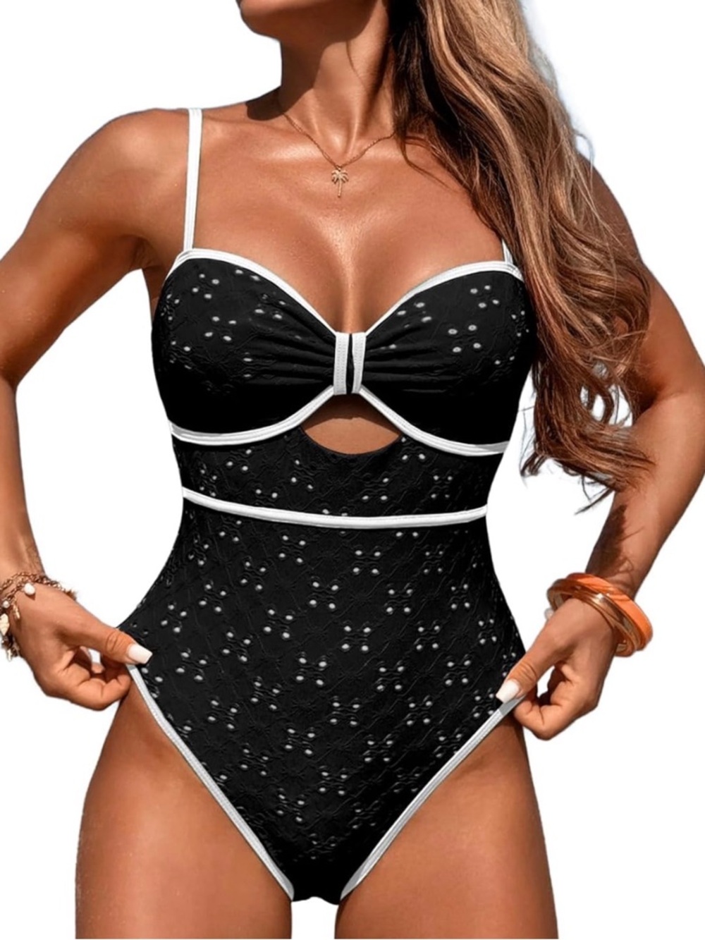 Black Eyelet Cutout One Piece Swimsuit | Contrast White Trim Monokini Medium